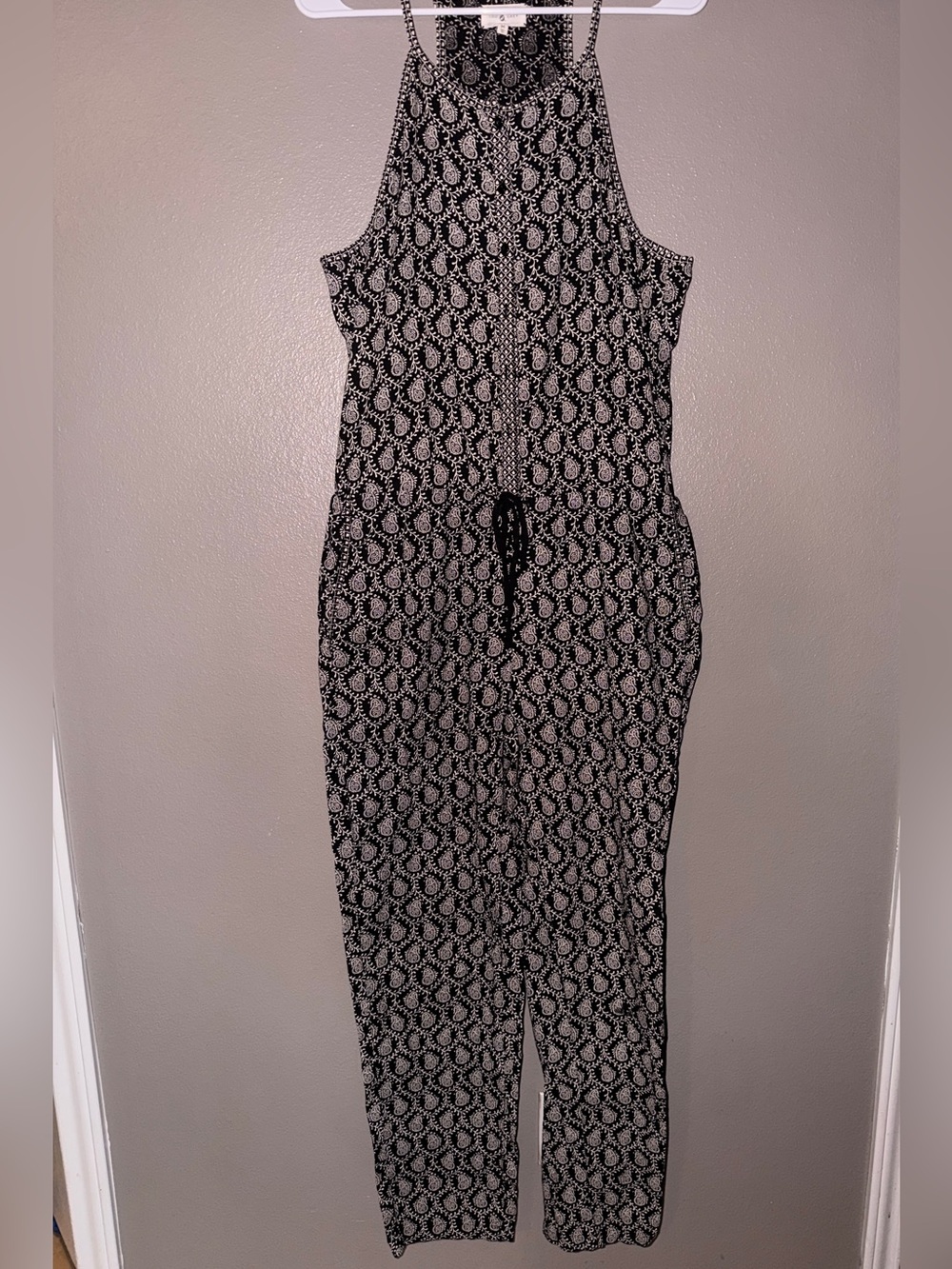Lou & Grey Black and Cream Paisley Halter Jumpsuit with Drawstring